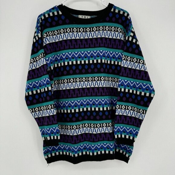 90s Geometric Sweater Colorful Blue Purple‎ Aqua Knit Toi Men’s Size Medium? - Picture 1 of 7